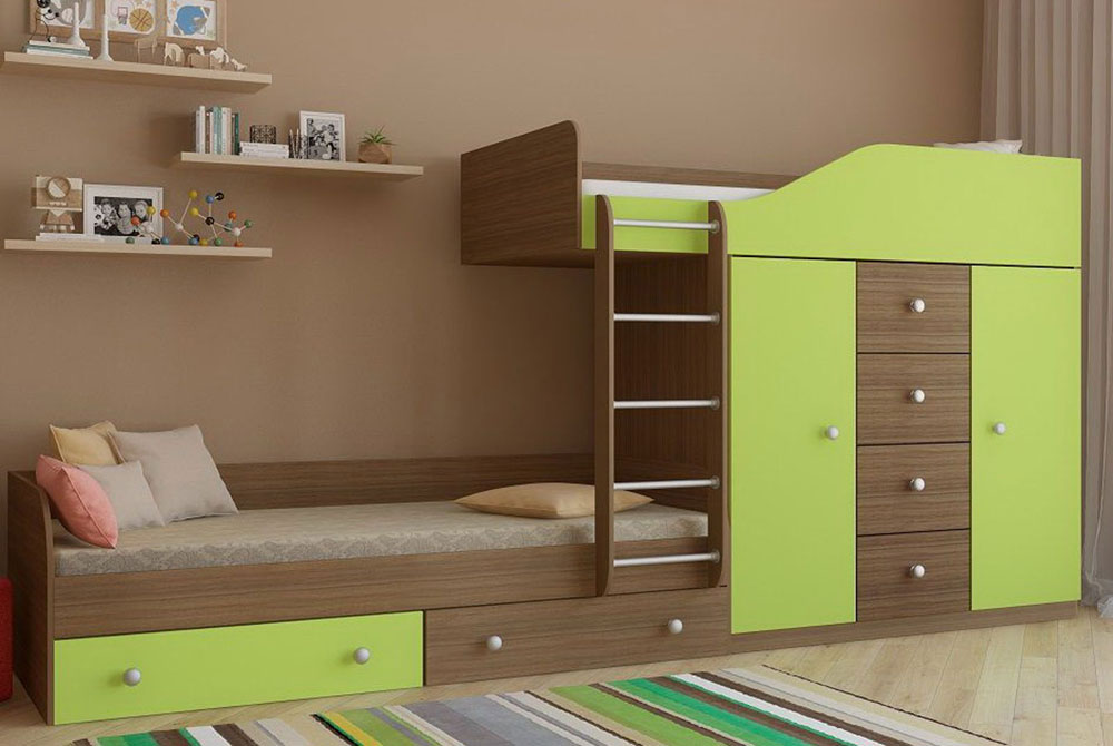 Двухъярусная кровать для детей со встроенными шкафами